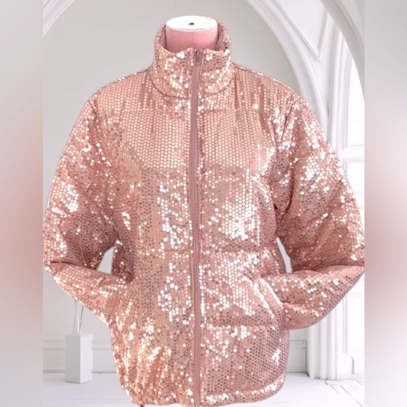 Grace + Emma All Over Sequence Puffer Jacket Coat Rose Gold Shiny Sparkly Med - Picture 3 of 10